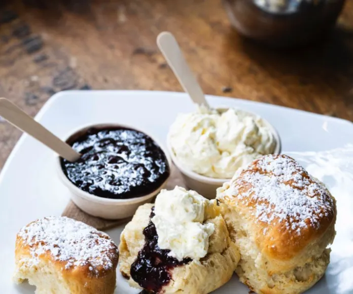 A delightful plate of scones topped with powdered sugar, perfect for any restaurant menu. Served with small bowls of clotted cream and berry jam, wooden sticks in the bowls make serving easy. The scones are partially split with cream and jam spread inside, all set on a rustic wooden table. | Megalong Valley Tea Rooms