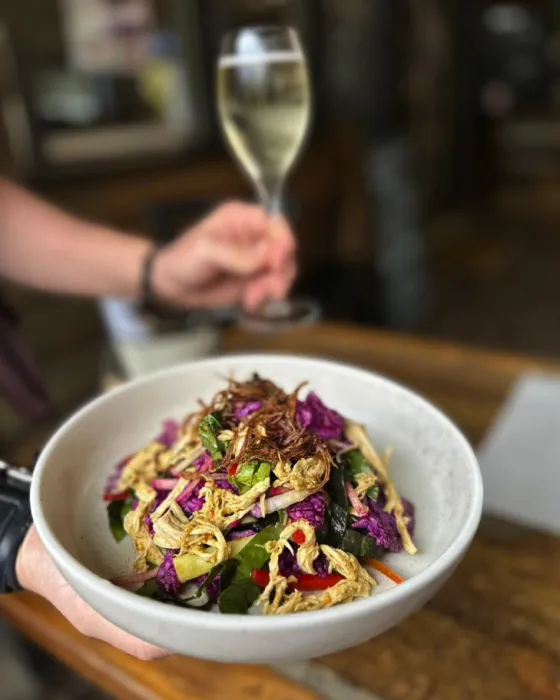 A person is holding a glass of white wine and a bowl of mixed vegetable salad with purple cabbage, greens, and crispy toppings, showcasing a delightful menu option in a casual dining restaurant. | Megalong Valley Tea Rooms