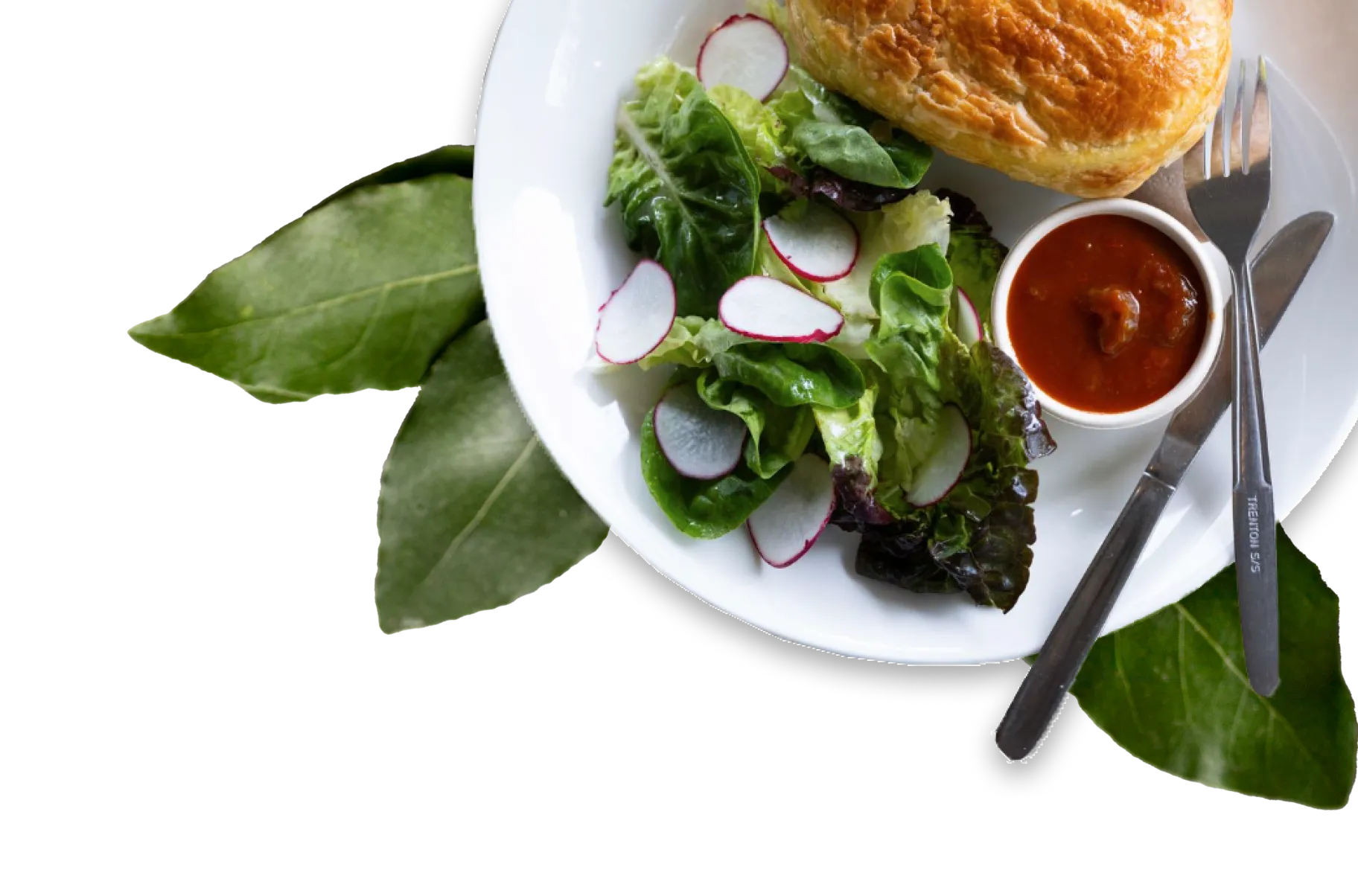 A white plate contains a leafy green salad with sliced radishes, a golden puff pastry, and a small bowl of red dipping sauce. A fork and knife rest on the plate's edge, and green leaves are positioned decoratively beneath the plate. This delightful dish is a highlight on our menu. | Megalong Valley Tea Rooms